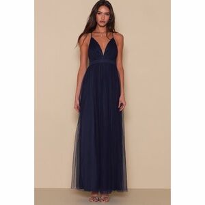 NWT Lulus Rare Beauty Navy Blue Tulle Backless Maxi Dress